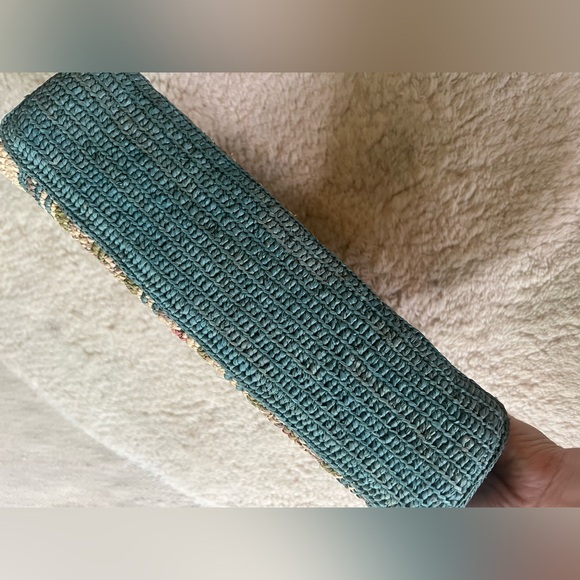 Sezane Carla Pouch Clutch Hand Bag Woven raffia evening stripe green tan pink - Picture 8 of 12